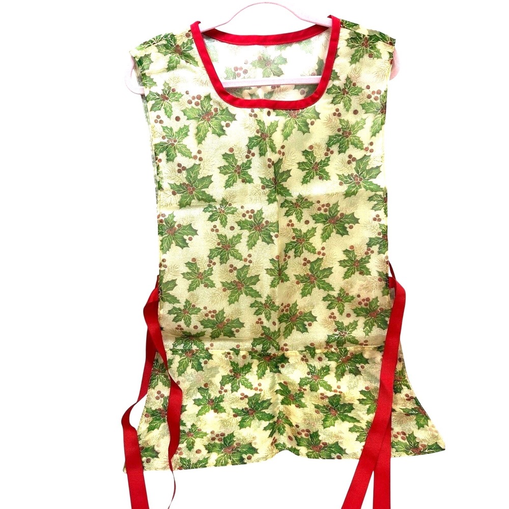 New Handmade Vtg Christmas Holly Tabard Apron Metallic Gold Grn Smock Pockets